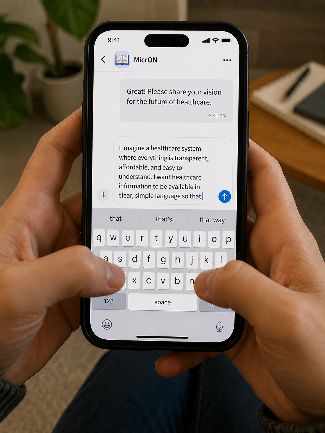 Person using the micrON app on a smartphone